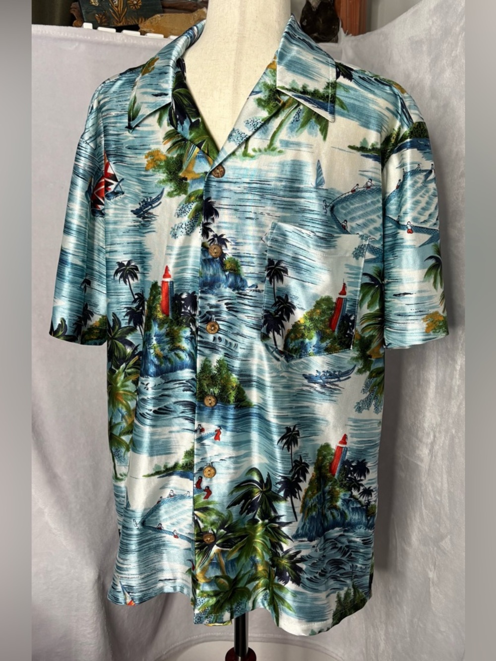 Vintage Kennington California Hawaiian Shirt Lighthouse Sailboat Large